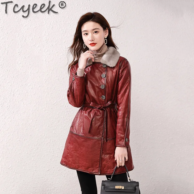 Tcyeek Genuine Leather Jacket Women Winter Clothes Warm Down Jackets Mid-long Sheepskin Coat for Woman Real Mink Fur Collar