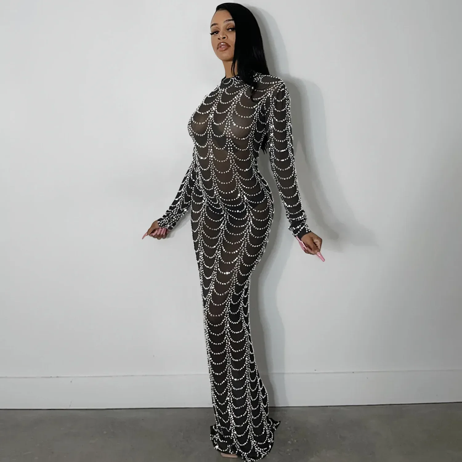 

BWQ Women Diamonds Hot Drill Striped Mesh See Though Long Sleeve Bodycon Midi Maxi Dress Sexy Club Skinny Party Long Dresses