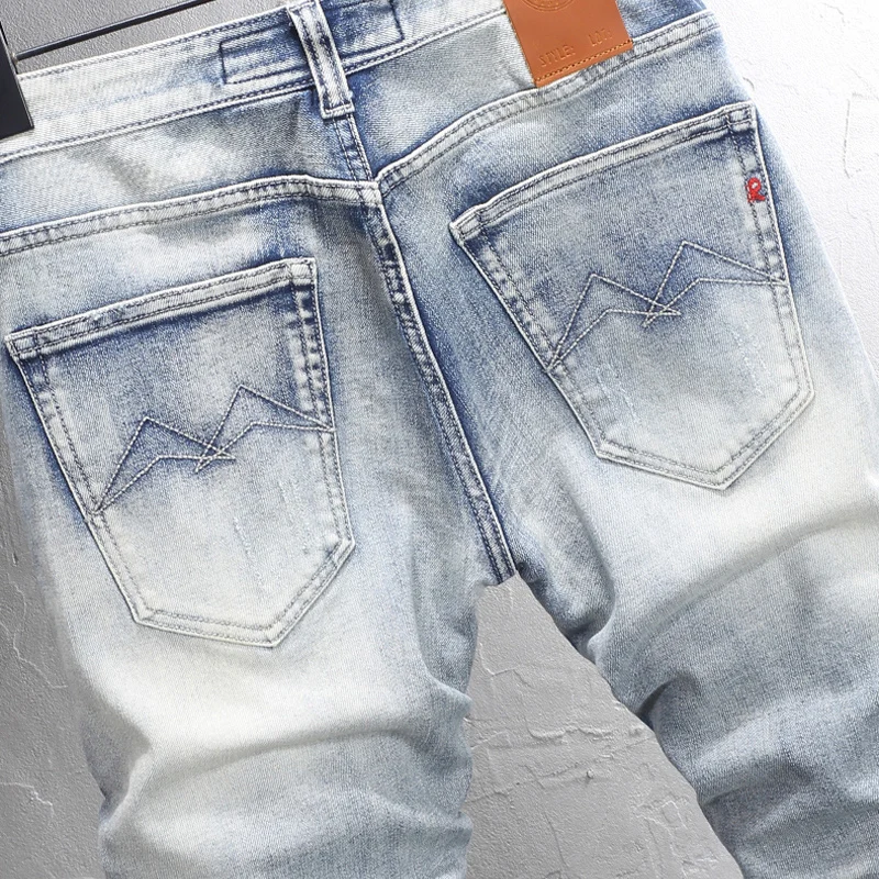 Street Fashion Light Blue Men's Jeans Vintage Elastic Slim Fit Split Jeans Men's Button Fly Vintage Italian Designer denim pants