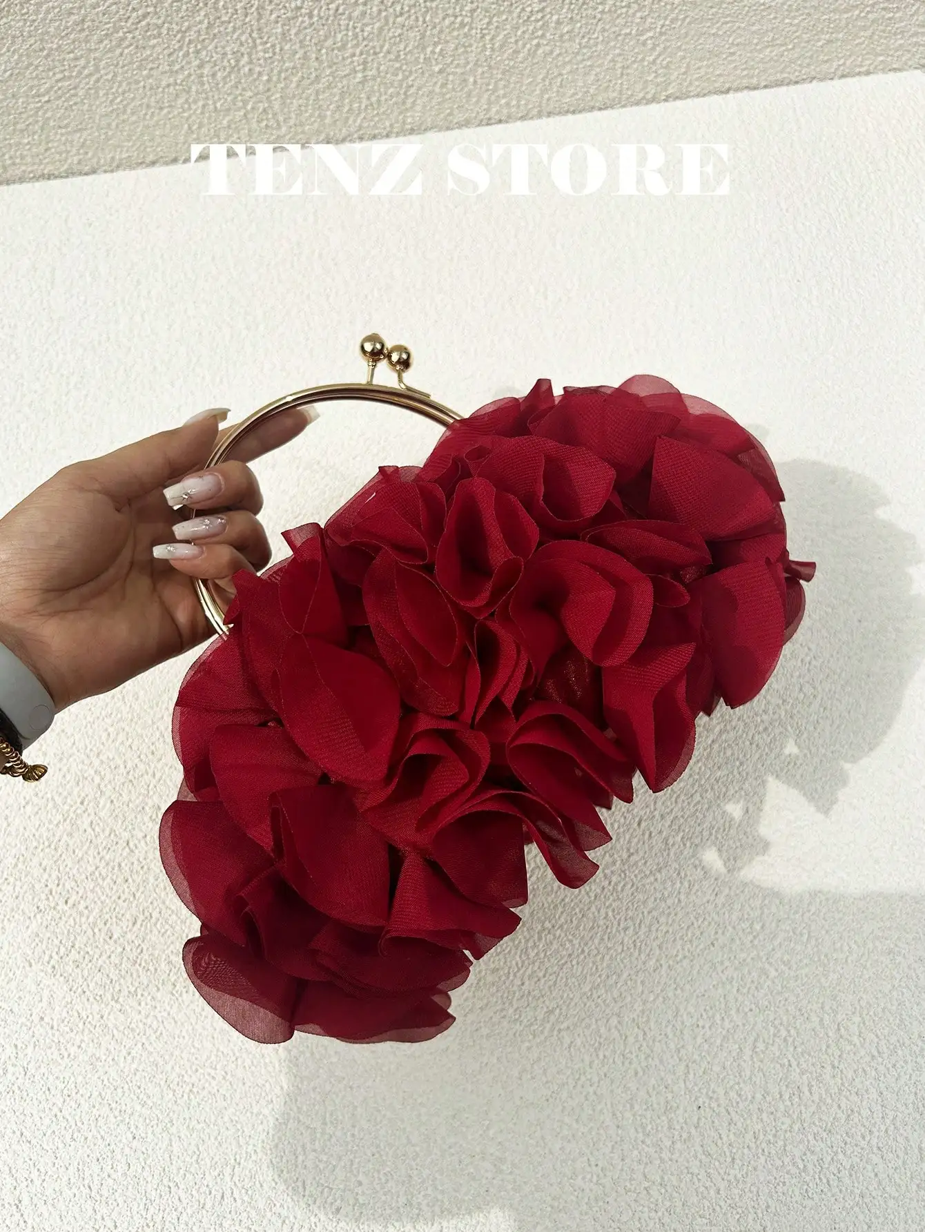 

Burgundy Floral Pleated Chiffon Clutch with Gold Frame Handle for Evening Events