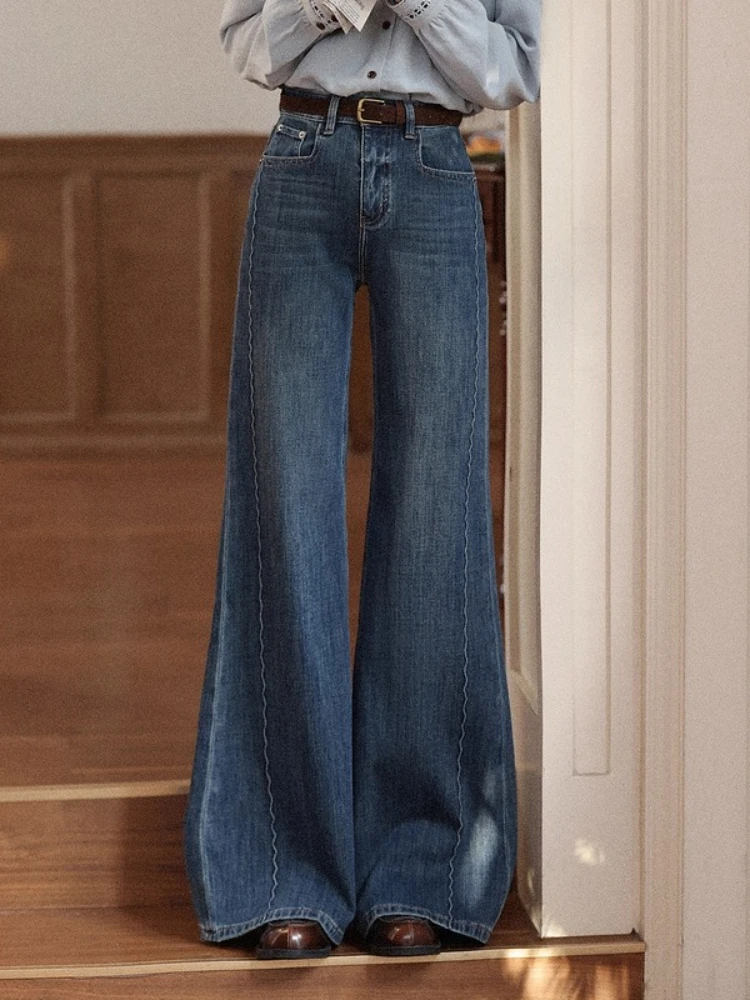 

ALXNAN Blue Vintage Jeans High-Waist 3D Floral Pockets Woman's Flared Jeans Autumn Casual Versatile Commuting Trousers L58072