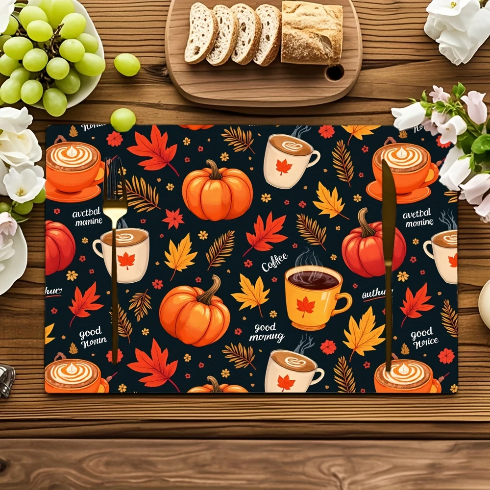 Autumn Leaf Coffee Cup Kitchen Mat Navy  Orange Maple Leaf Script Text Print Non Slip  Carpet For Fall Theme Entryway Decoration
