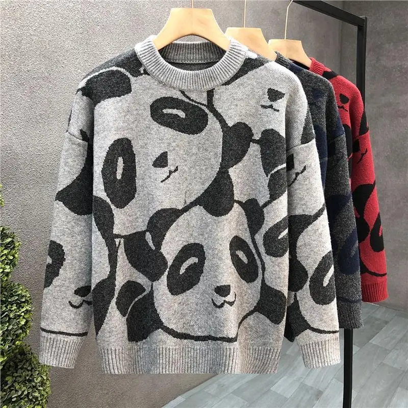 

Мужской вязаный свитер оверсайз с мультяшным принтом, утепленный, в стиле High Street, новая зимняя коллекция, плотная вязка косами