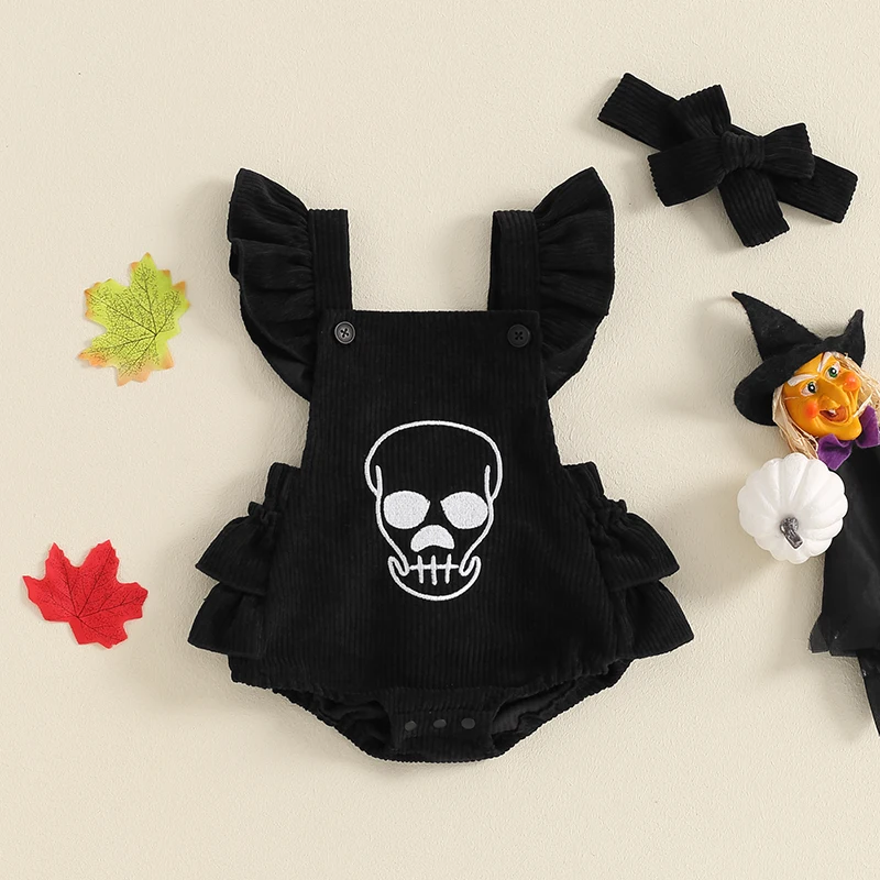 

VISgogo Baby Girls Halloween Romper Dress Flying Sleeve Skull Embroidery Romper with Headband Festival Outfit