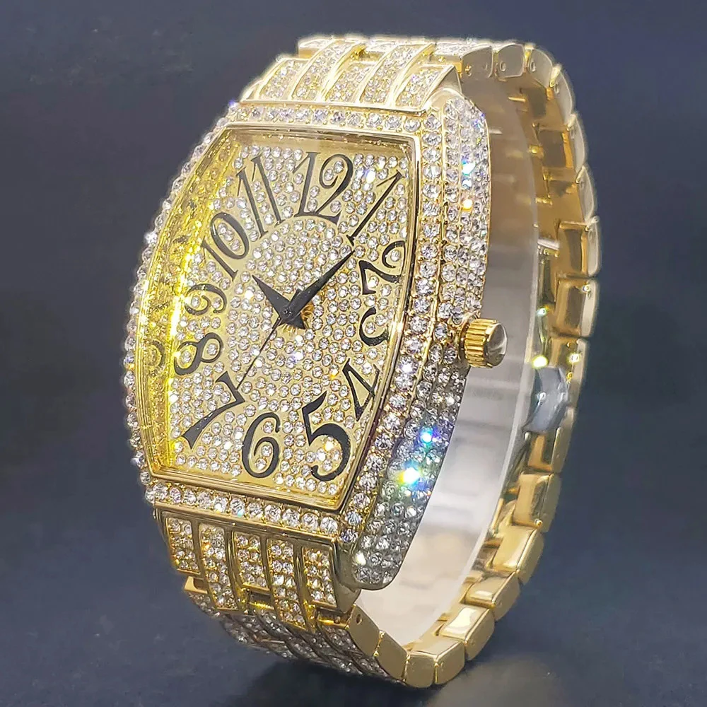 

Большие золотые наручные часы для мужчин, роскошные кварцевые часы с полным каменным покрытием, модные часы из розового золота, 5 цветов