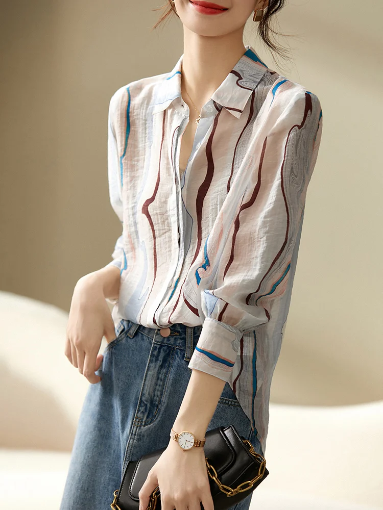 SENTUBILA Thin Sheer Printed Blouses Office Lady Chiffon Shirts Turn-down Collar Long Sleeve Womens Tops and Blouses Q23C44421