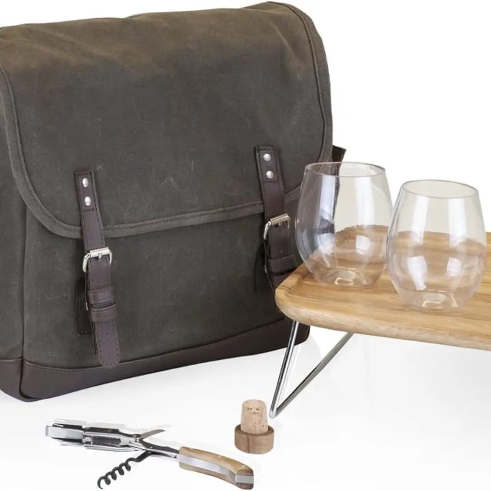 LEGACY: una marca Adventure Wine Tote Bag con copas de vino y mini mesa, verde caqui/marrón