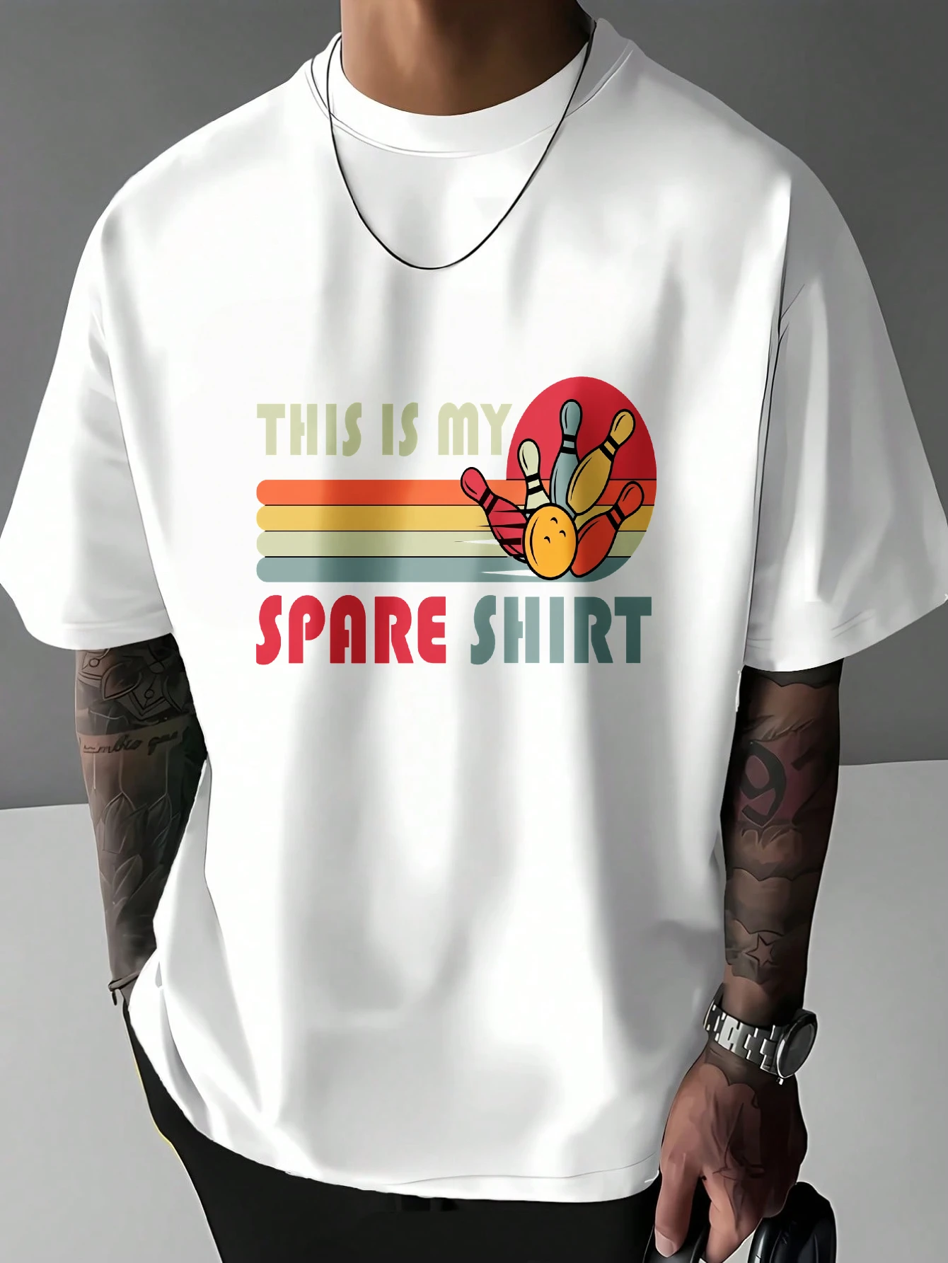 Mens Retro Bowling Spare Shirt Graphic T Shirt Vintage Stripes Letter Print Short Sleeve Crew Neck Casual Cotton Male Daily Tee