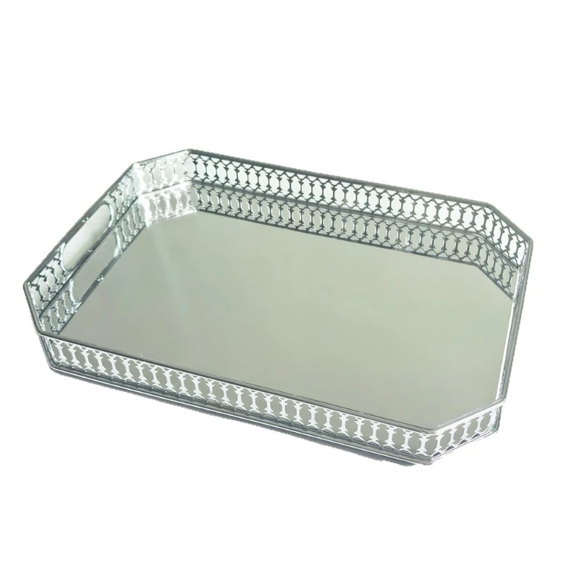 

LTT light luxury silver mirror glass metal tray living room fruit plate cosmetics storage ornament