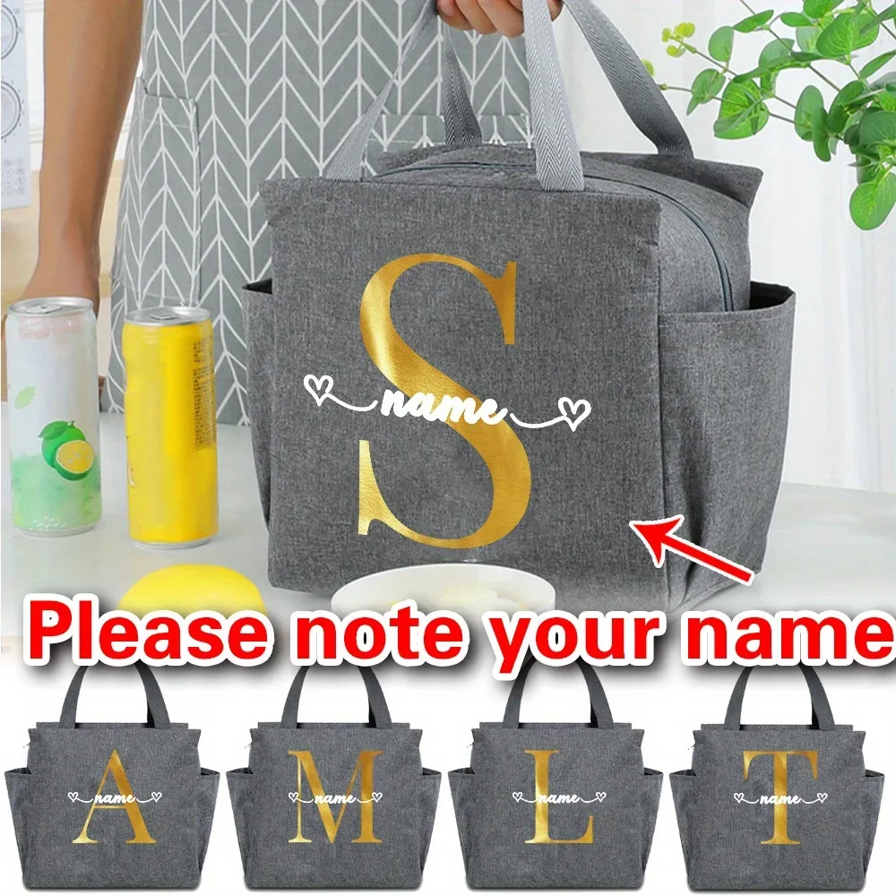 Customized Name Insulated Grey Lunch Bag Personalized Aluminum Foil Bento Gold Letter Lunch Bag Insulated Picnic Food Bag