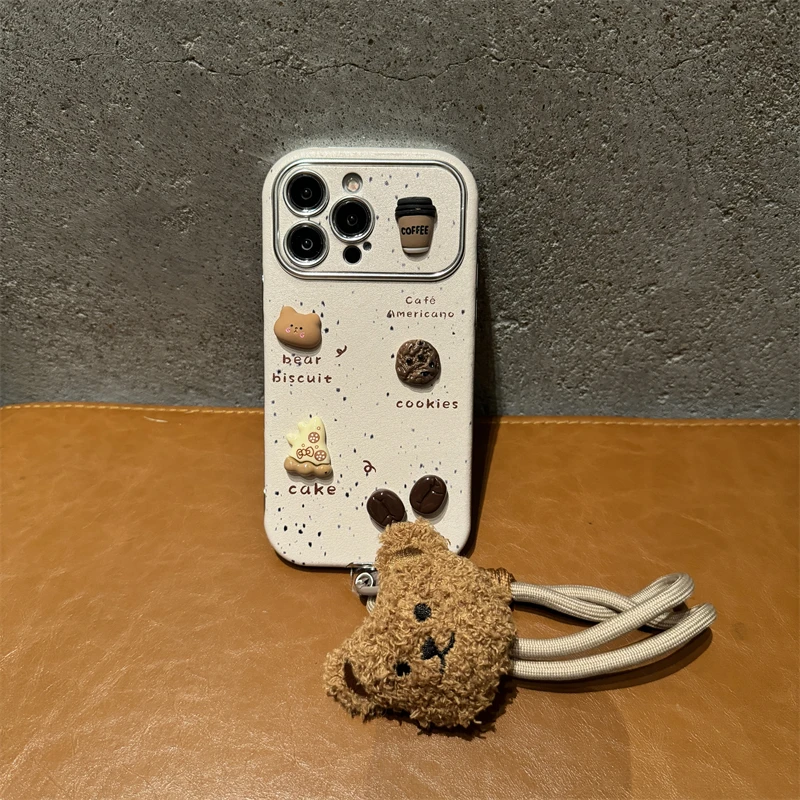 Korean Cute 3D Bear Coffee Phone Case For iPhone 15 promax 14 Plus 13 12 11 Pro Max Mini With Plush Hand Strap Lanyard Cover