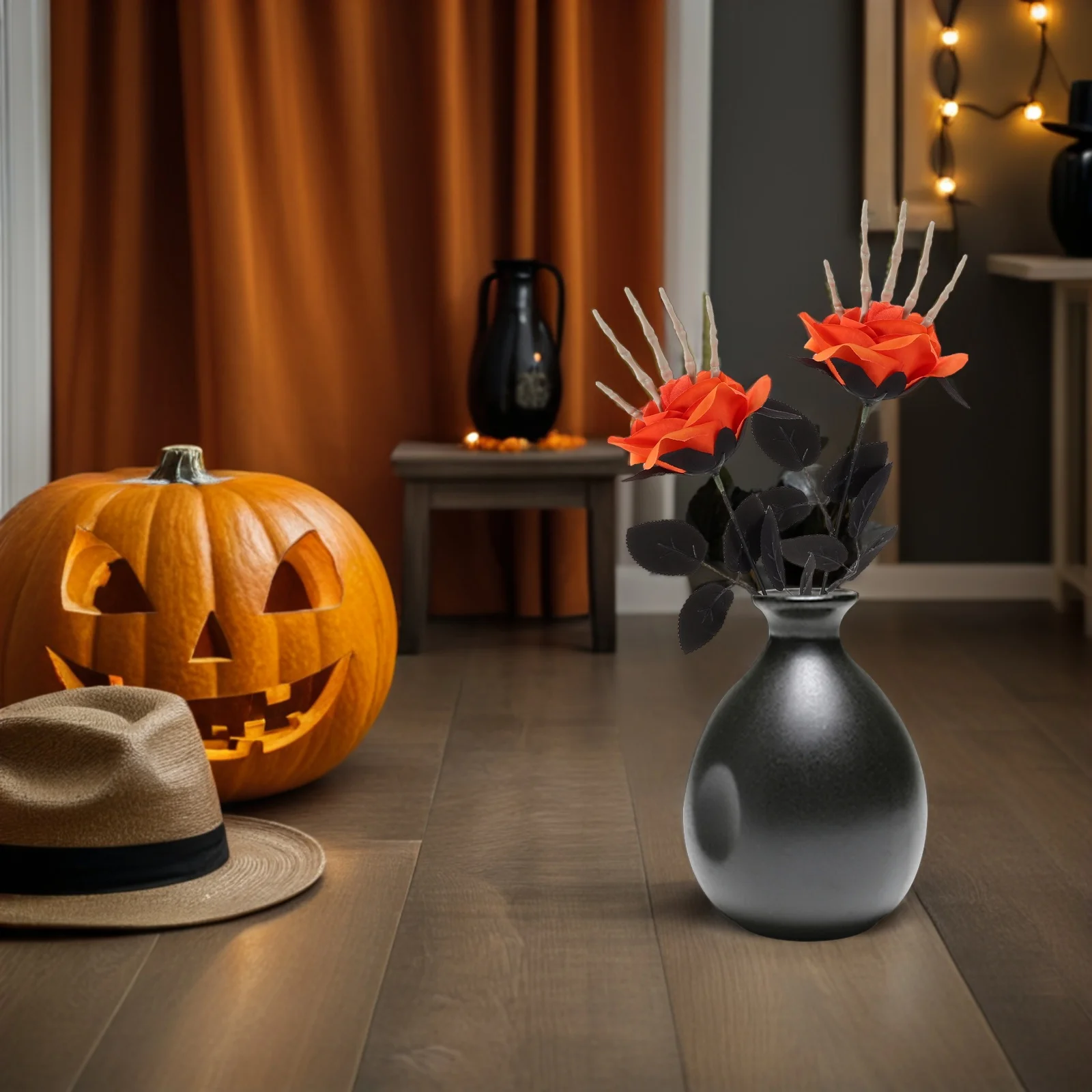 

6Pcs Halloween Fake Skull Hand Rose Flowers Artificial Gothic Bouquet for Table Centerpiece Party Decor Vase Filler