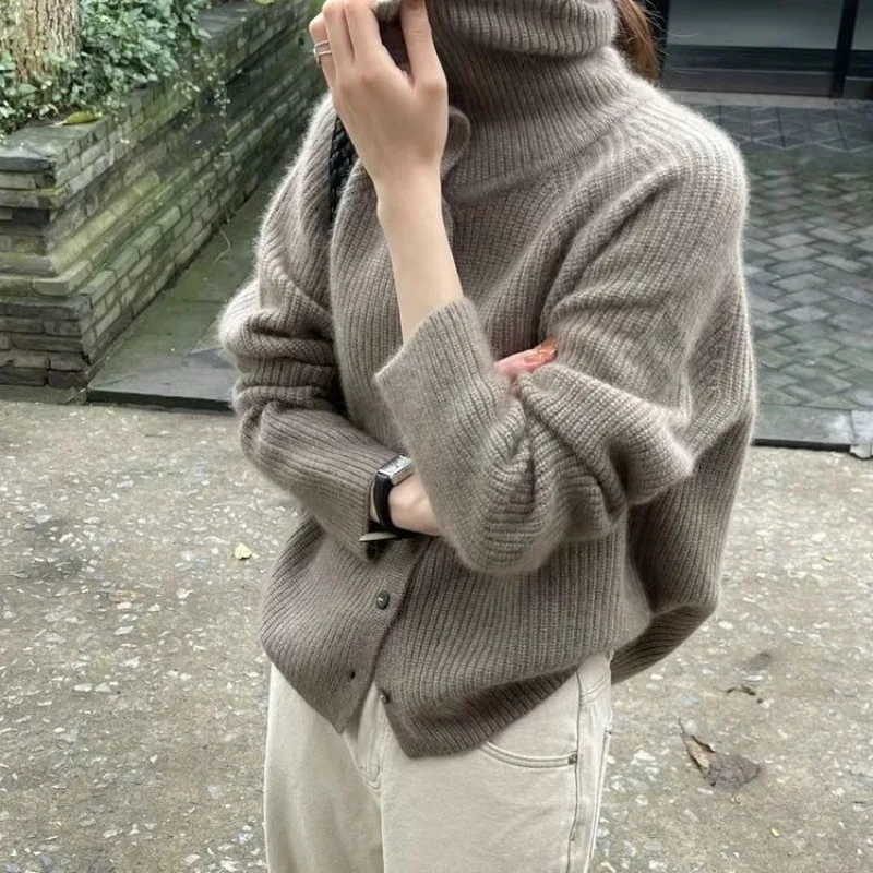 2026 Solid Knit Turtleneck Cardigan Lady Sweater Autumn Winter Loose Thicken Single Breasted Cashmere Base Sweater Knitted Coats