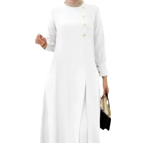 2024 Middle East Muslim women\'s two-piece fashion elegant solid color side slit long shirt wide leg pants robe