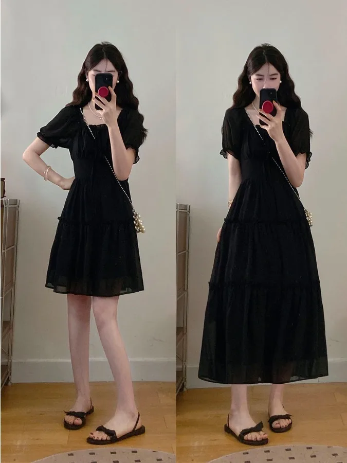 

plus Size Bla Square Collar ort Sve Dr Women Summer New Age Reduction Meat Covering Long Dr Commute Sle Slim Fit