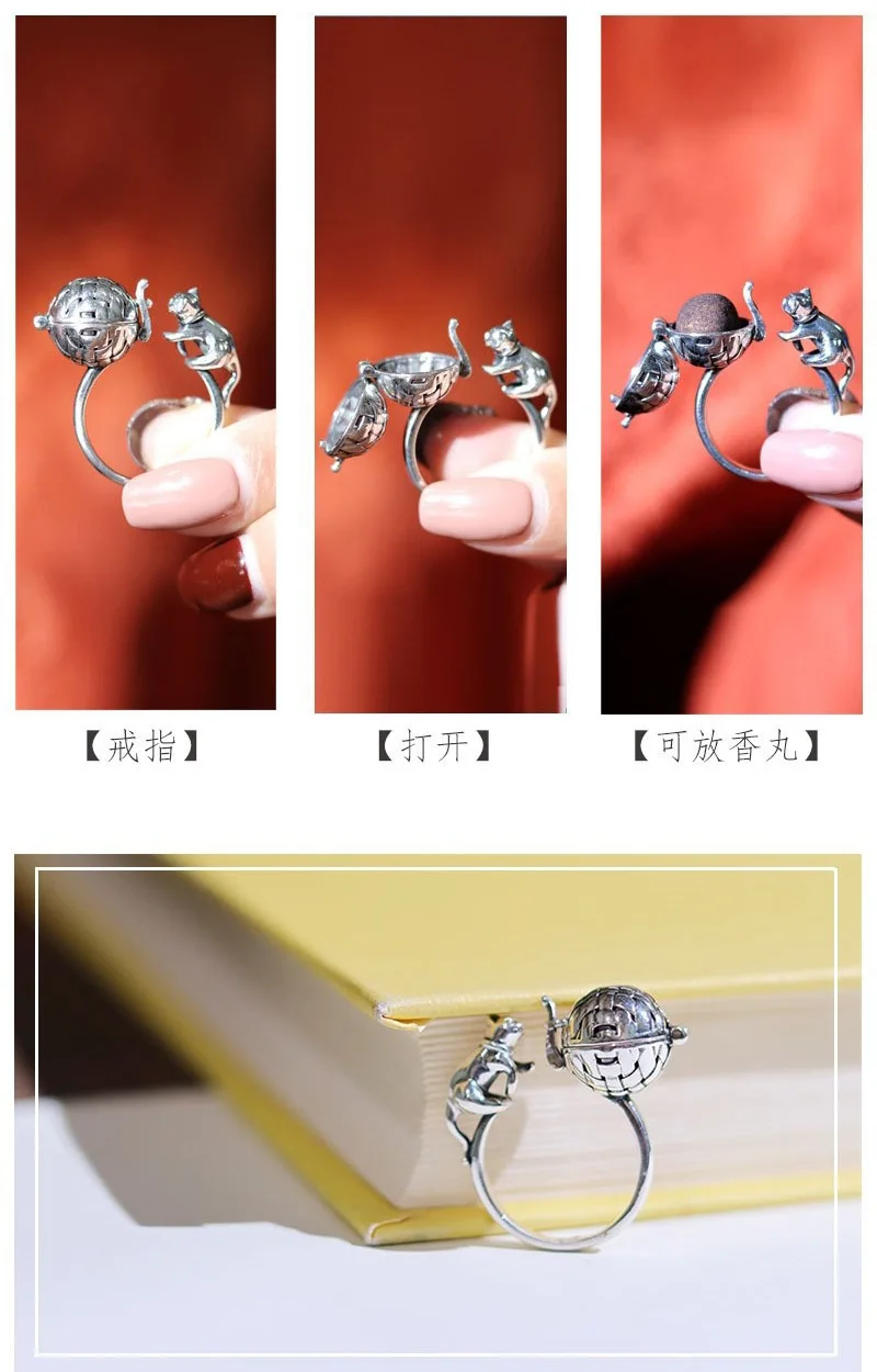 Cute Fortune Cat Shape Opening Rings For Women Silver Color Vintage Hollow out Aromatherapy Ball Rings Finger Ring Girl Jewelry