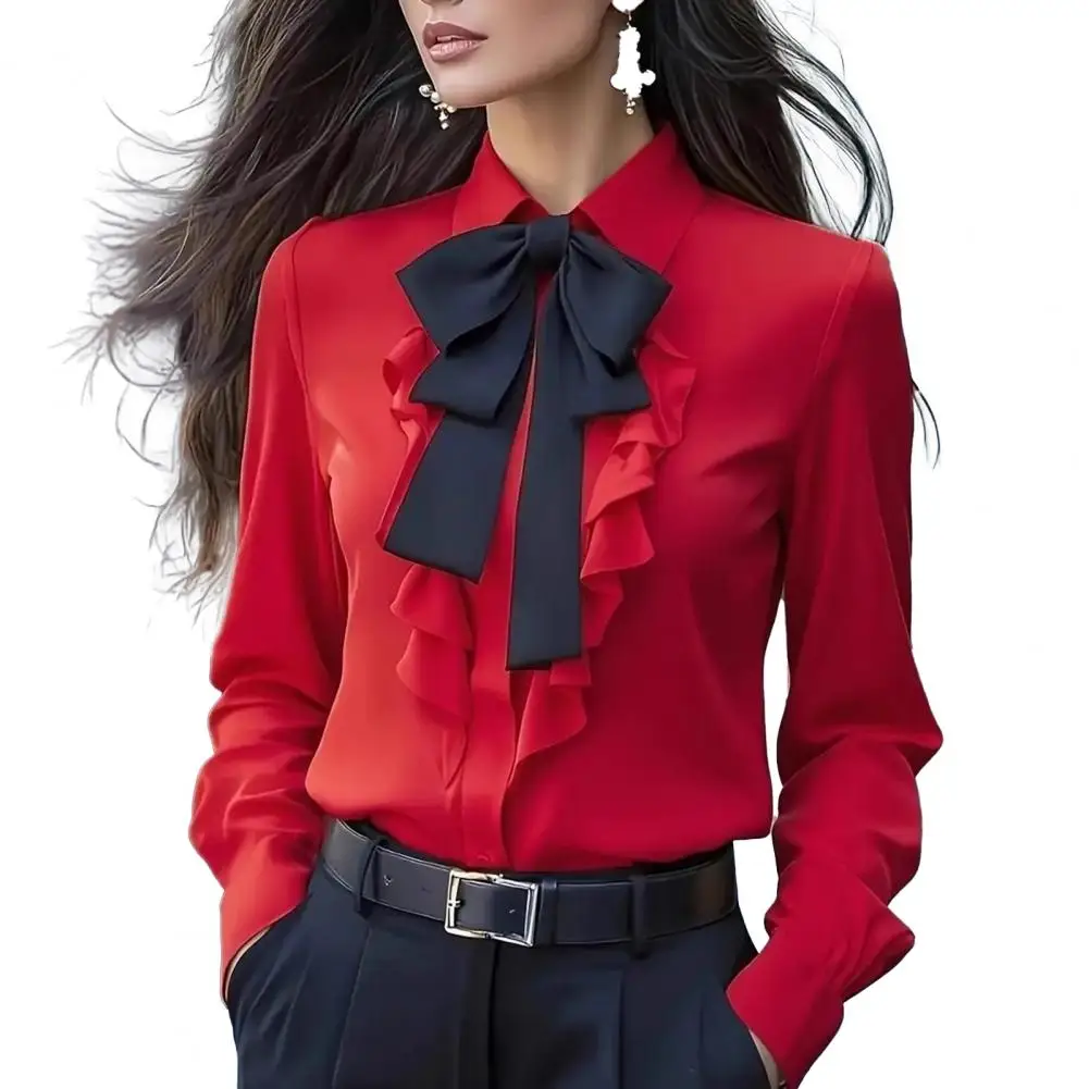 

Autumn Women Shirt Lapel Bow Ruffle Design Long Sleeve Shirt Tops Buttons Closure Versatile Fit Shirt Daily Wear