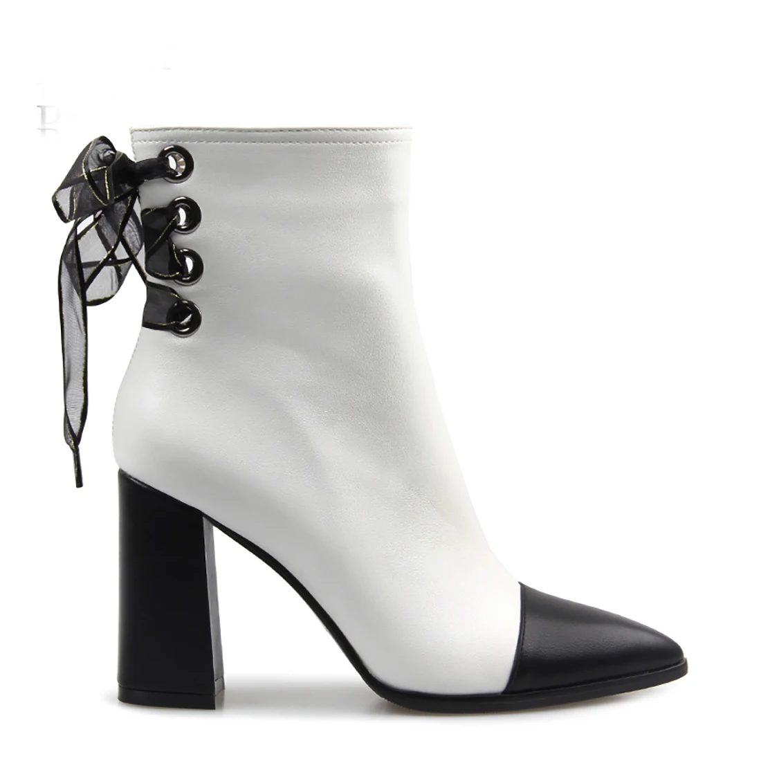 

Women's White Black Contrast Ankle Boots Pointed Toe Block Heel Sheer Ribbon Decor Stylish Elegant Style Daily Casual Boots