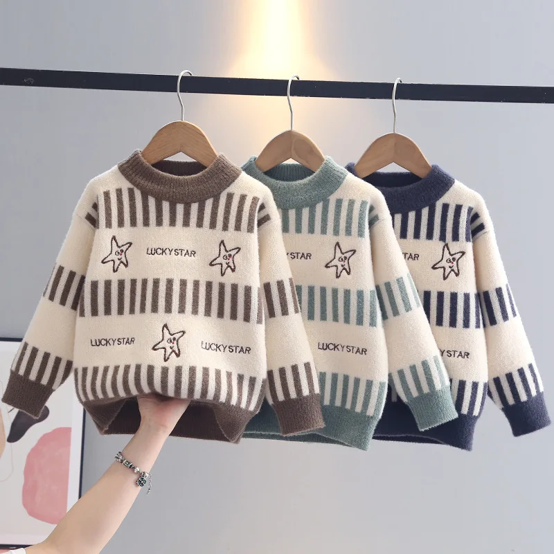 

Осенне-зимние детские свитера для мальчиков в полоску с рисунком звезды для маленьких мальчиков, хлопковые вязаные детские трикотажные изделия для отдыха и отпуска