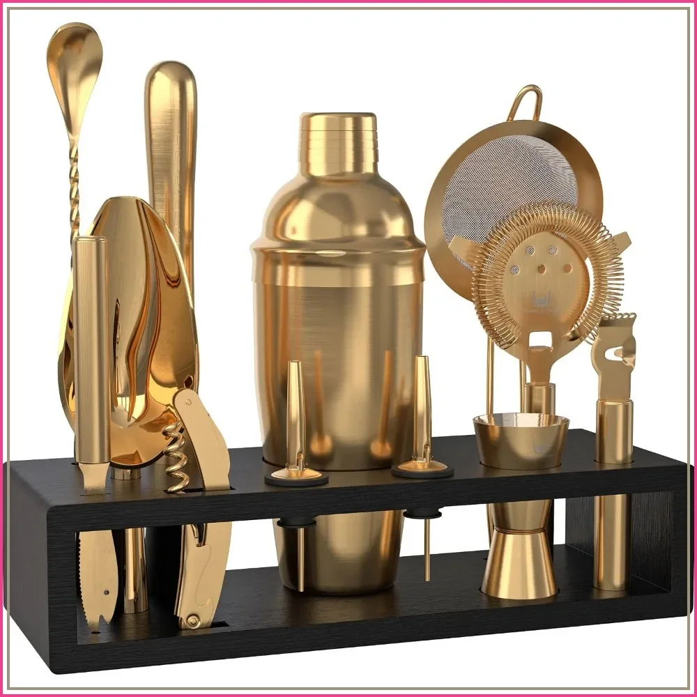 

Complete Bartender Kit with Bamboo Stand, Stainless Steel Cocktail Shaker Set, Rustproof Bar Tools (Matte Gold)