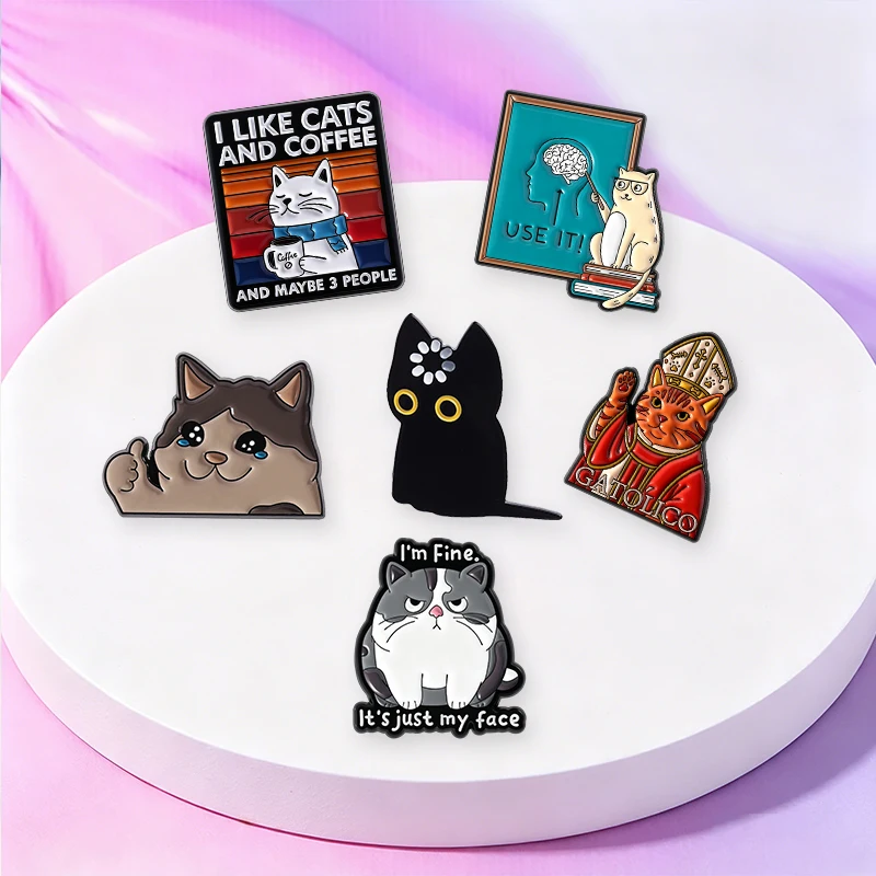 Niedliche Cartoon-Katzen-Kollektion Emaille-Pins Ich mag Katzen & Kaffee Schwarze Katze Void Spinning Loading Metallbrosche Schmuck Großhandel – Detail 6