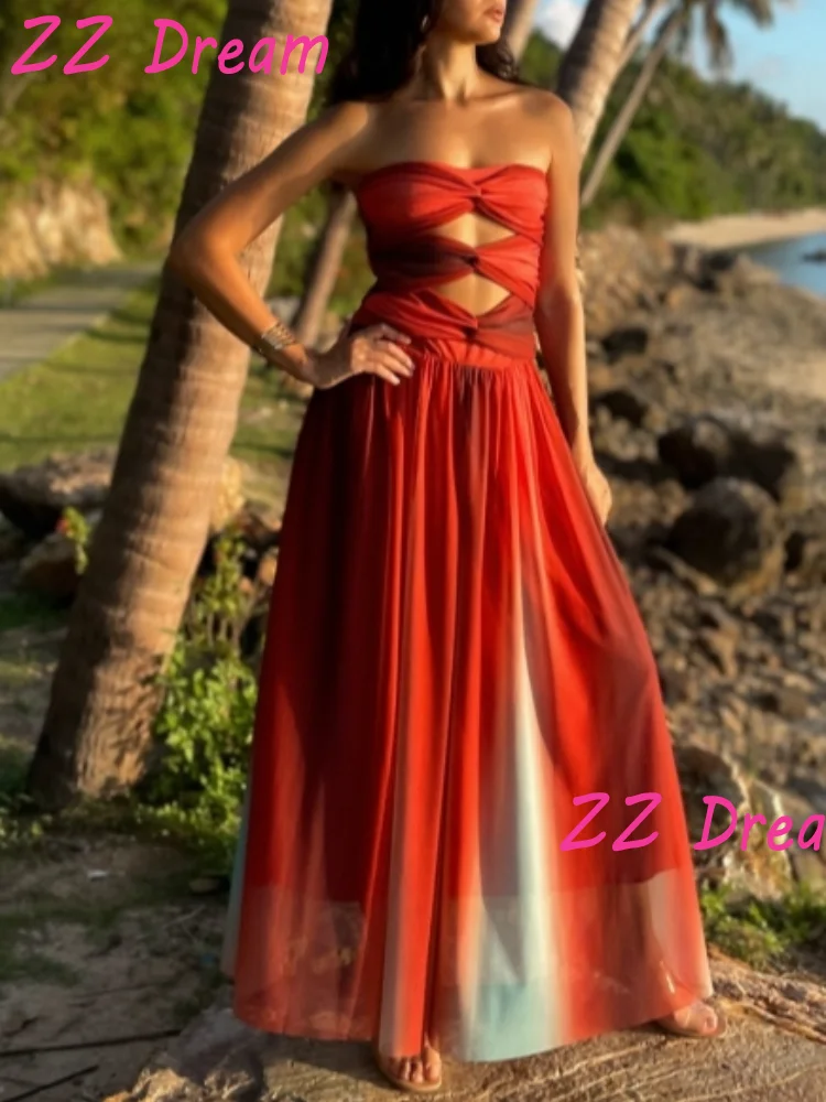 

Gradient Tie-dye Sleeveless Maxi Dress Hollow Out Backless A Line Long Robes Sexy 2025 Summer Lady Party Club Holiday Beachwears