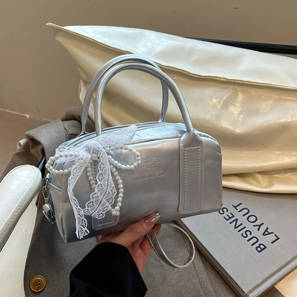 Sweet PU Leather Boston Bag Pearl Bow Pendant Adjustable Strap Crossbody Bag Lace Ribbon Multi Ways To Wear Shoulder Bag Gift