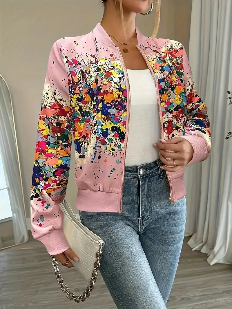 

Модная женская бейсбольная куртка с цветочным принтом, быстросохнущая ткань, дизайн кармана на молнии, элегантный осенний повседневный стиль