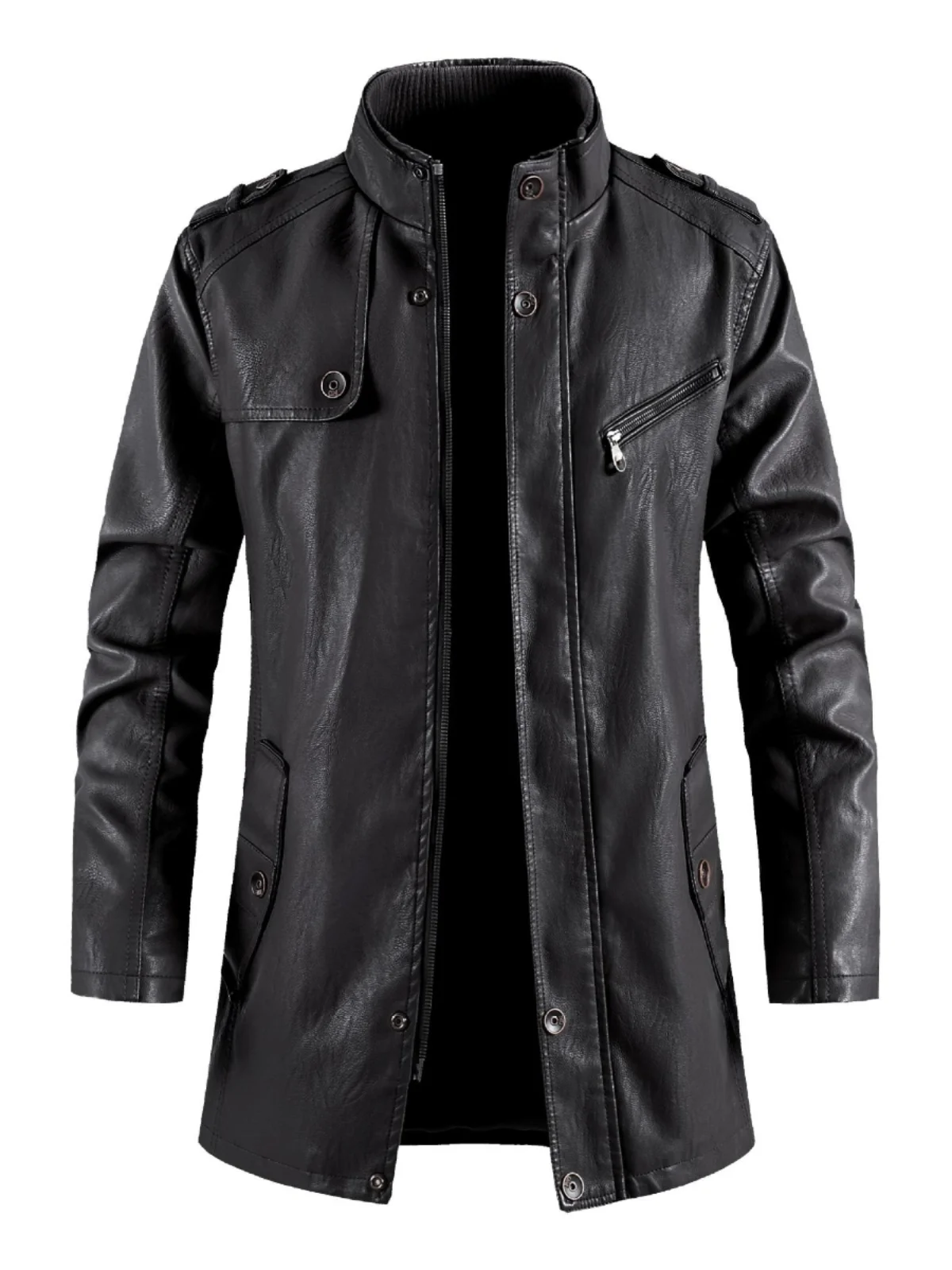 

Men's Loose Long Sve Fce Lined Fur Coat Medium Length Stand Collar Jaet Casual Youth Spring Autumn Leather Jaet