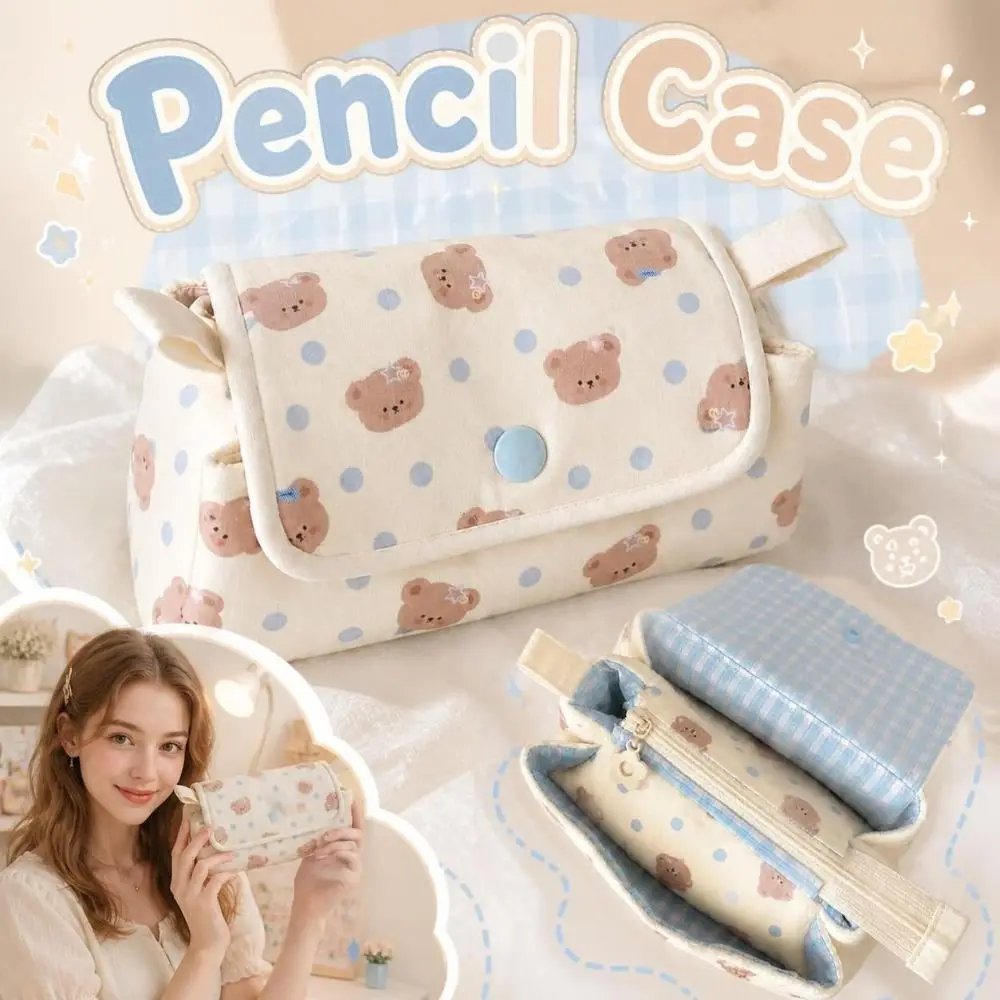 Stylish Multi-Layer Pencil Pouch Button-closure Bear Printed Pencil Case Large Capacity Portable Pen Bag Students Supplies
