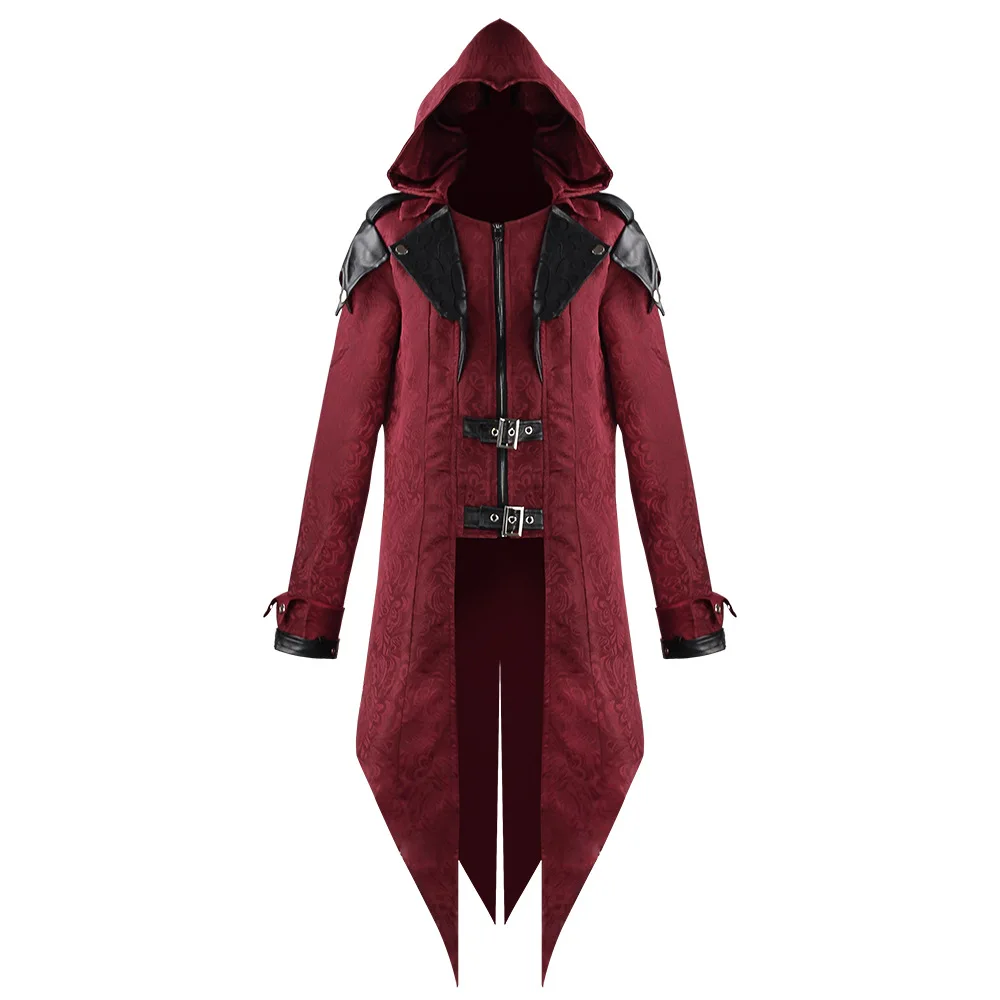 2023 Medieval Men Assassin Cosplay Embroidery Jacket Punk Leather Shoulder Costume Victorian Retro Knight Hooded Tailcoat