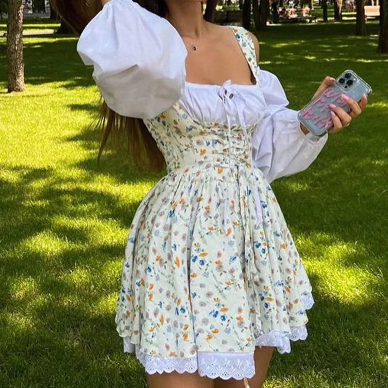 

Spring Summer Puff Sleeves Fashion Party Dress Elegant Floral Print Patchwork A-line Dress Lady Sexy Off Shoulder Holiday Dress