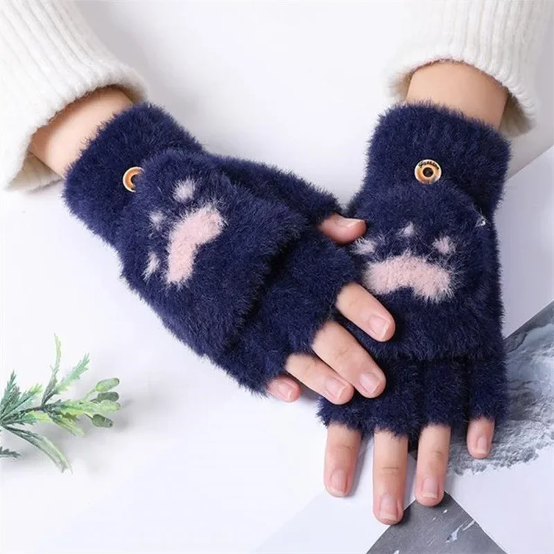 Winter Plush Half Finger Gloves Women Girl Fluffy Bear Cat Plush Paw Claw Cute Fingerless Gloves Lovely Thicken Warm Mitten Gift