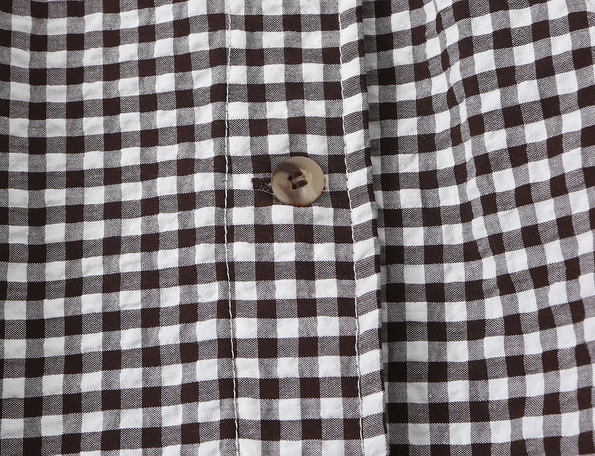 BSAY New Ladies Cropped Gingham Plaid Outerwear Stand Collar Long Puff Sleeve Button Up Drawstring Hem Casual Loose Check Jacket
