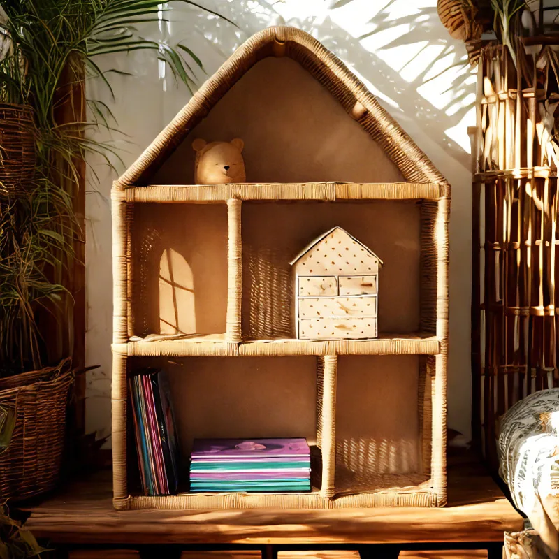Cabin-shaped wall-mounted rattan shelves, multi-functional items