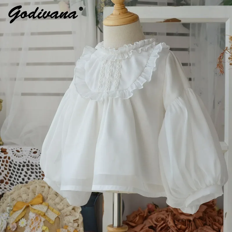 Little Girls Spring and Autumn White Blouses Childrens O-Neck Chiffon Long Sleeve Loose Shirt Korean Sweet Princess Undershirt