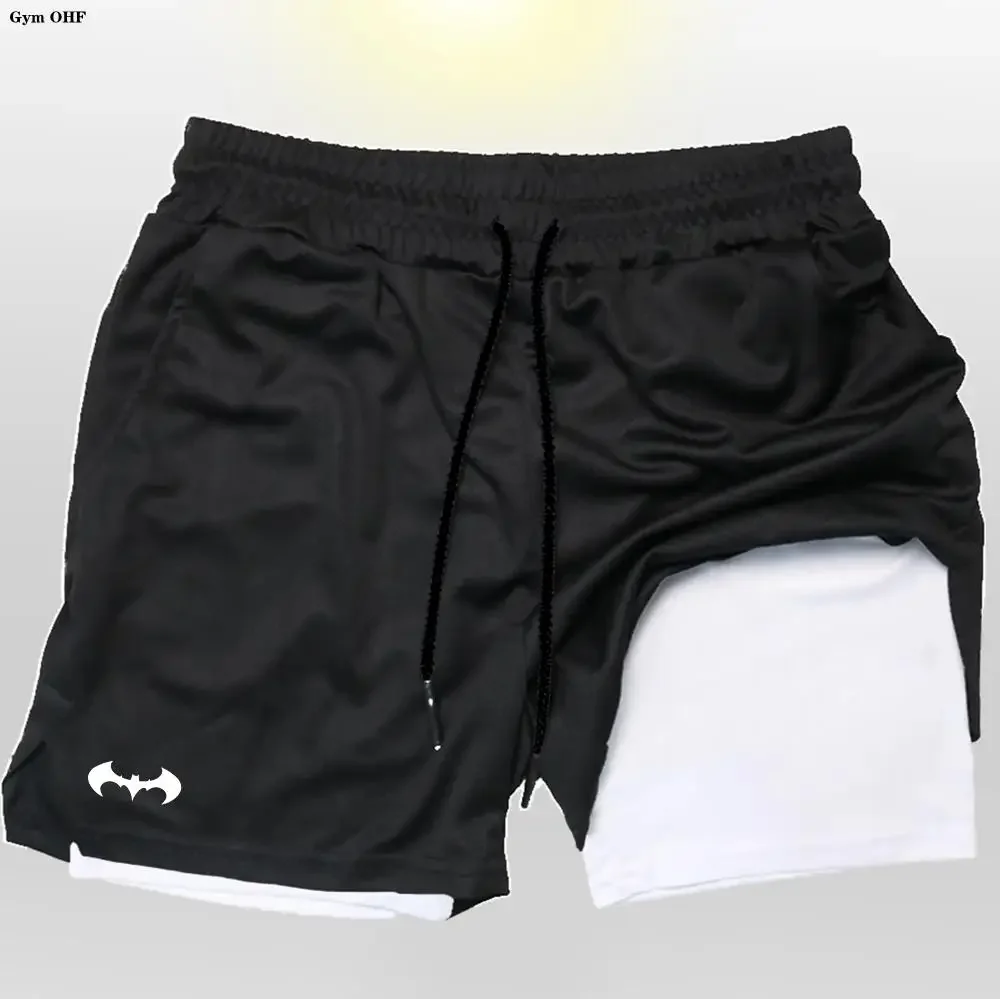 

Bat sports shorts men's double-layer running 2-in-1 beach shorts summer gym fitness training jogging shorts