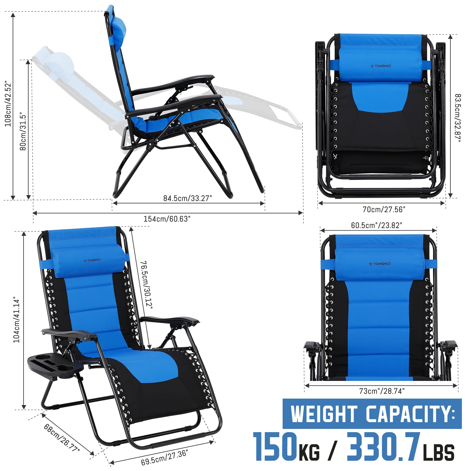 Outdoor Folding Lounge Chair Waterproof Oxford Cloth Padded Adjustable Patio Recliner with Headrest Detachable Side Holder