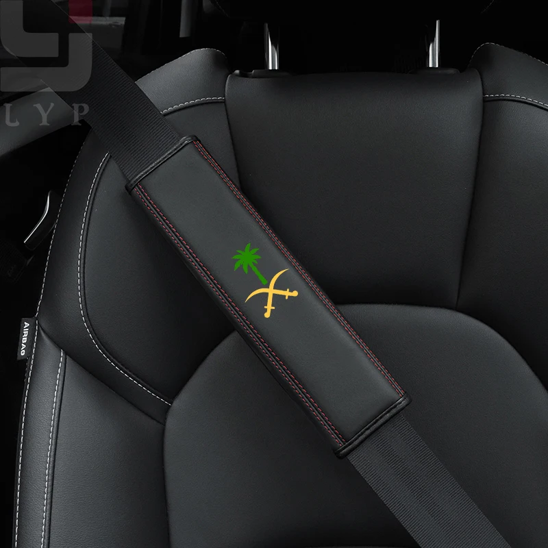 

1Pcs Car Styling Saudi Arabia Coconut Tree Logo Leather Car Safety Belt Shoulder Cover Pads For Volvo Jeep Ford Toyota Hyundai