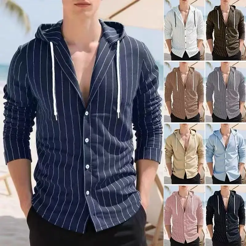New Men's Striped Cardigan Long Sleeve Hooded Shirt Loose Casual Sports Fashion T-Shirt Men's
