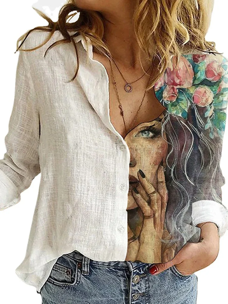 Women's Shirt Loose 2024 New Street Retro Cartoon Digital Print Splicing Casual Temperament Long Sleeved Lapel Shirt For Women