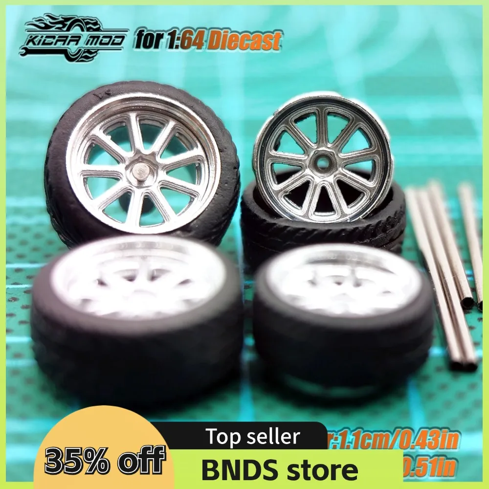 Kicarmod 1/64 Model Car ABS Wheels with Rubber Tire Metal Rims Front Small Rear Large Refitting Parts For Model Car Hot Wheels