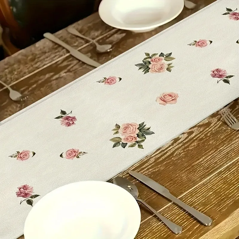 White Magnolia Floral Table Runner, Vertical Stripe Wood Grain Printed Fabric Table Scarf, Farmhouse Botanical Style Centerpiece