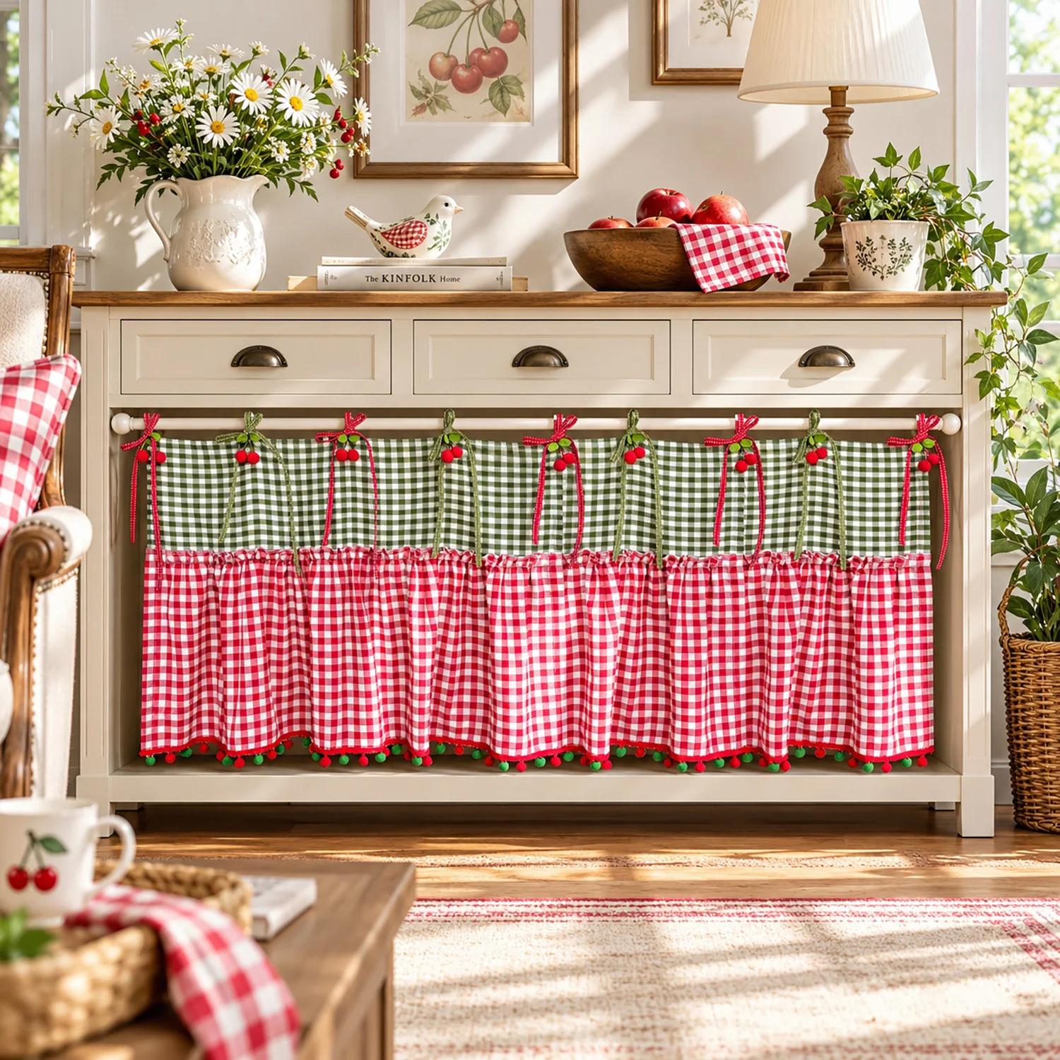 1pc Pastoral Green Lattice Stitching Red Short Curtain, Cherry Ribbon Decoration, Oven Curtain for Kitchen, Cabinet, Coffee