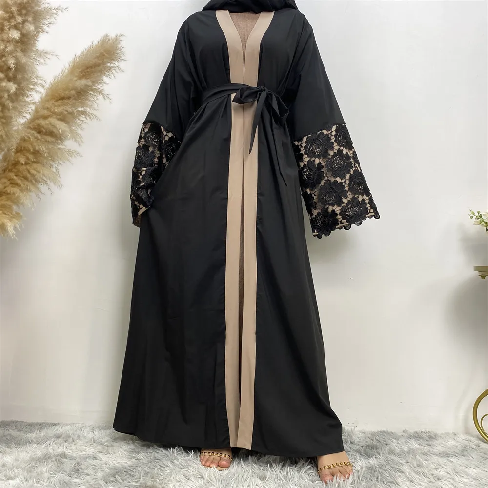 

Open Abaya Dubai Kimono Long Sleeve Cardigan Women Open Front Robe Muslim Islamic Lace Abaya Kaftan With Belted Ramadan Dress