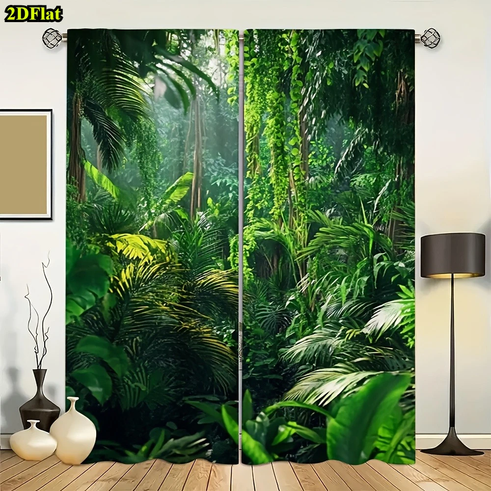 2pcs Jungle Rainforest Curtains Dense Green Palm Leaf Fern Print Drape Living Room Window Treatment Exotic Botanical NatureDecor
