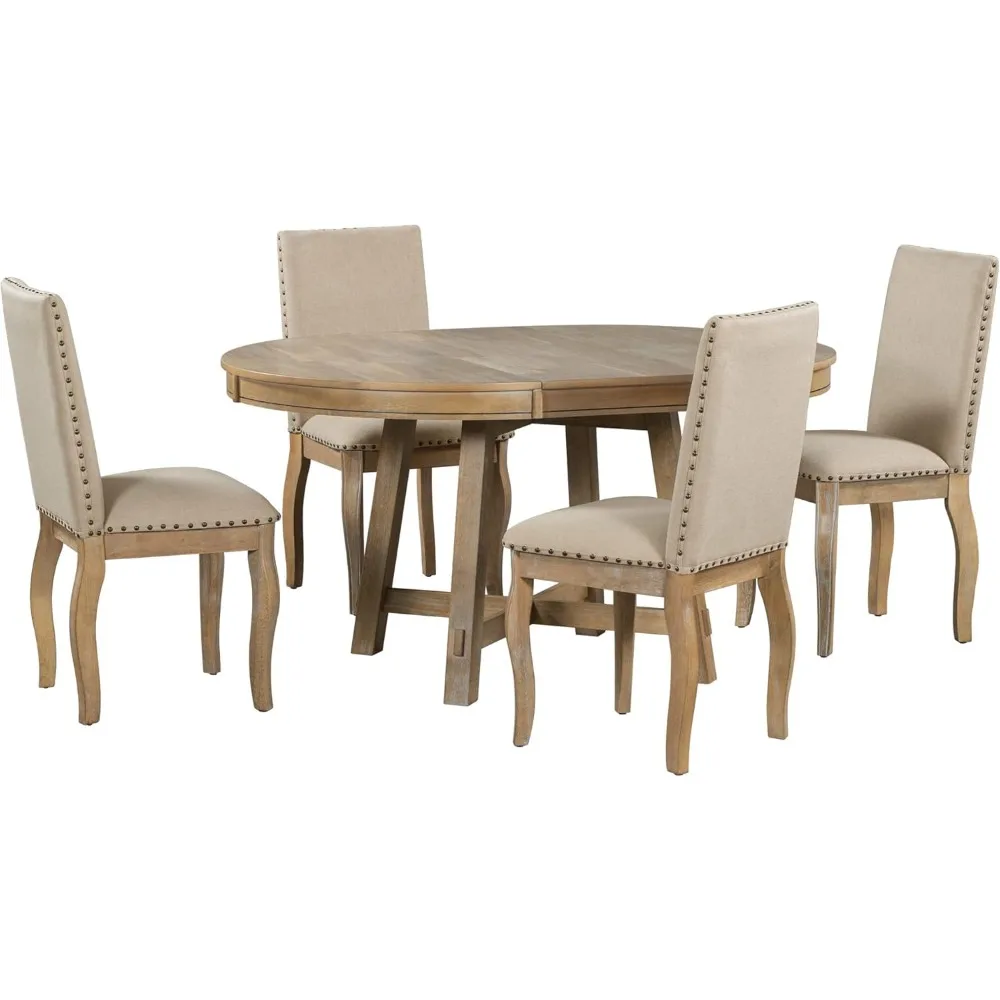 Wood Extendable Dining Room Table Set with Round Table and Upholstered Chairs of 4-6 Persons, 5 Piece Round Dining Table Set