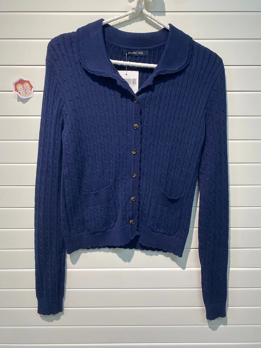 Navy Twist Babydoll Collar Cardigan Women Autumn New Lace Trim Cotton Buttons Knitted Jumper Cute Sweet Preppy Style Sweaters