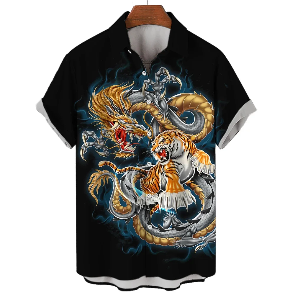 

2024 Hawaiian Anime Shirt For Men Tiger Pattern Summer Short Sleeve 3D Print Tops Casual Lapel Clothes Oversized Button Vintage