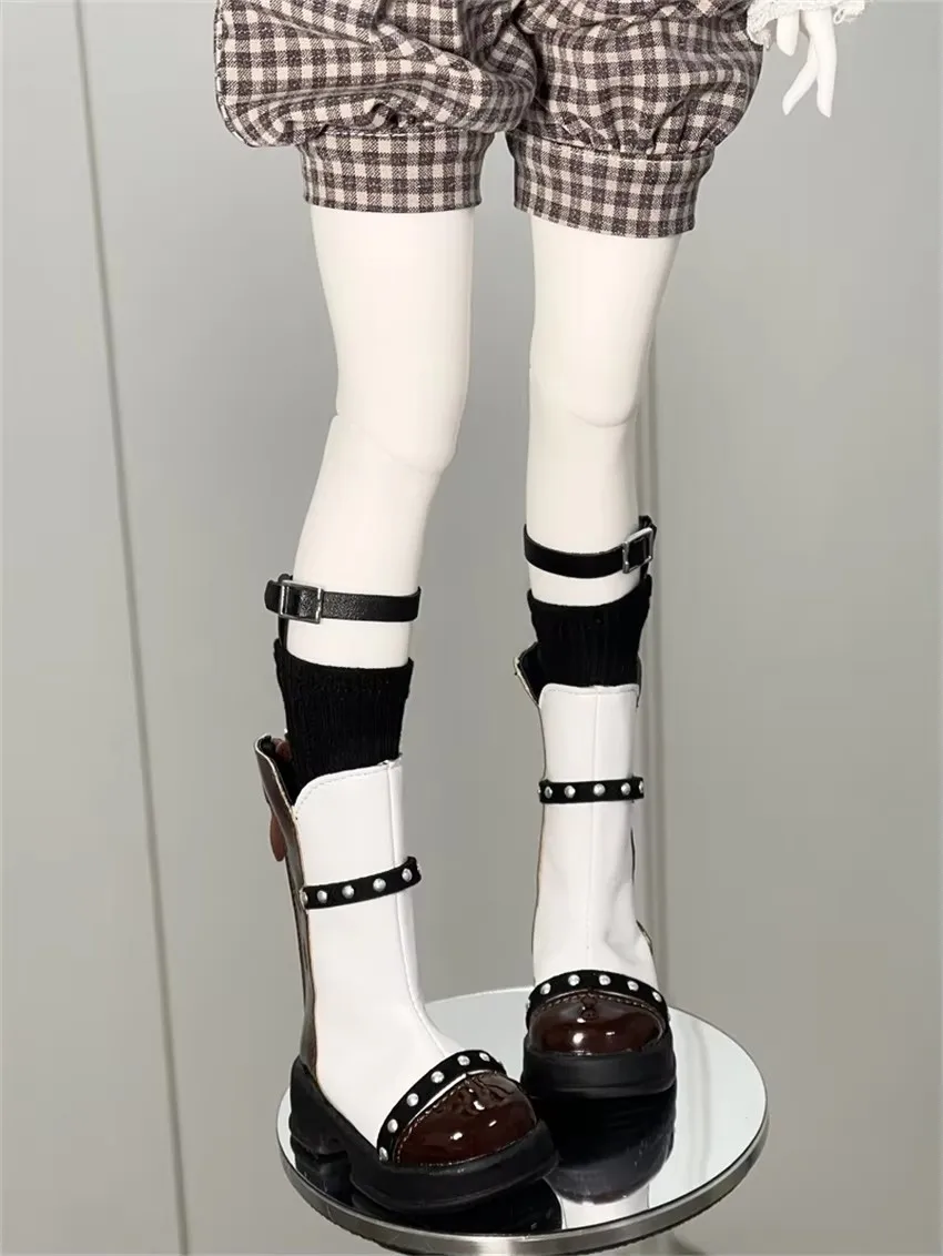 1/4 جولة تو أسود أبيض حذاء من الجلد BJD دمية الأحذية اللعب MSD الفتيات الجلود سميكة سوليد منصة مطابقة اللون إكسسوارات دمي